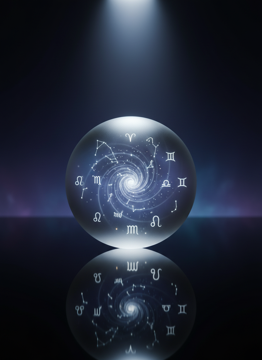 A perfectly round, frosted glass orb floating just above a reflective black surface, its interior subtly swirling with faint constellations and delicate zodiac glyphs that appear as soft, luminous etchings. Tiny points of starlight shimmer within the orb, casting faint reflections below like a miniature night sky. The background is a seamless gradient from deep midnight blue to near black, with a gentle cosmic haze suggesting a distant nebula. A single, cool-white spotlight from above creates a halo effect and crisp rim lighting around the orb, emphasizing its contours. Photographic realism, centered composition, and a minimalist aesthetic convey a serene, high-end astrology brand identity image.