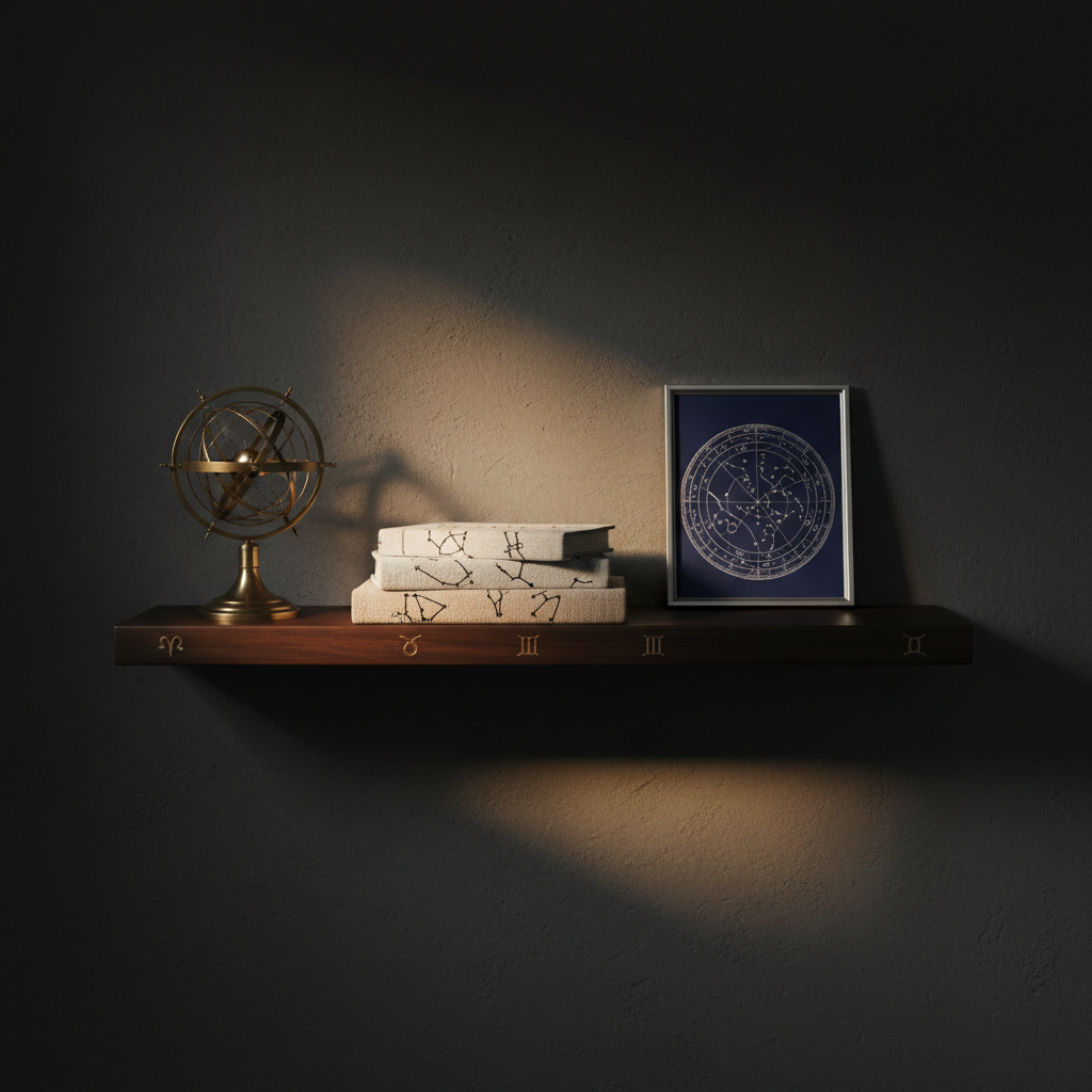 A clean, dark wooden shelf mounted against a matte charcoal wall, holding a curated arrangement of astrology objects: a thin brass armillary sphere, a small stack of linen-covered star guides in muted neutrals, and a delicate, framed natal chart rendered in fine silver lines on deep blue paper. Subtle zodiac symbols are etched along the shelf’s edge, barely visible until light brushes against them. A narrow beam of warm, directional light from the right creates elegant highlights and elongated shadows, giving depth while the rest of the scene fades into shadowy simplicity. Photographic realism, shot straight-on with sharp focus and ample negative space, ideal as a sophisticated section background for services or offerings.