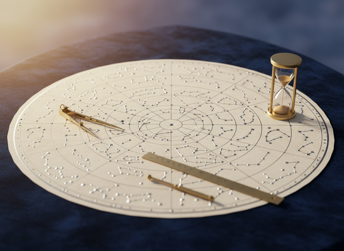 A large, circular star chart elegantly unfurled across a dark indigo velvet surface, its constellations rendered as tiny metallic silver points connected by the thinnest, barely visible lines. Around the chart, minimalist brass tools—a sleek compass, a slim ruler, and a single sand timer—are neatly arranged, suggesting precision and sophistication. Soft, diffused golden hour light falls from the upper left, catching the metallic ink and creating subtle glints like distant stars, while the background melts into a gentle blur of deep blues. Photographic realism, shot from a slightly elevated angle with a shallow depth of field, creates a calm, meditative atmosphere suited for a refined astrology business homepage hero image.