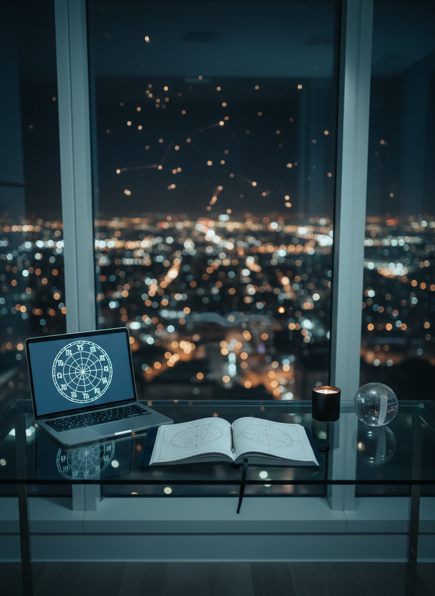 A minimalist glass desk set against a vast floor-to-ceiling window overlooking a city at night, the skyline softly out of focus and sprinkled with tiny lights like a constellation. At the center of the desk rests a sleek, dark navy leather-bound astrology journal opened to a clean star map page, beside a thin silver laptop displaying a softly glowing zodiac wheel. A small matte black candle and a polished crystal sphere add subtle mysticism. Cool, dim ambient lighting combines with the city’s glow to cast delicate reflections on the glass surface. Photographic realism, eye-level composition, and clean lines emphasize a sophisticated, modern astrology consultation brand that “connects you to the woo” without clutter.
